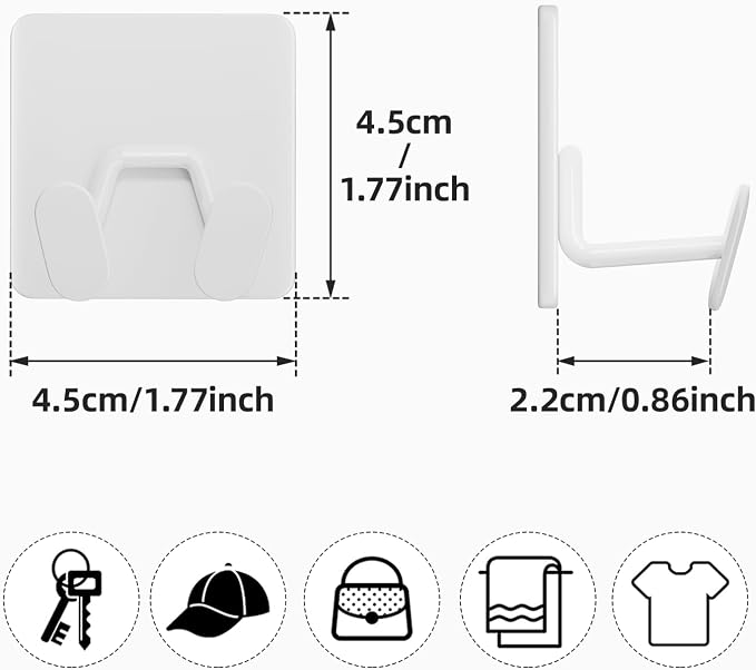 susswiff Adhesive Shower Hooks for Inside - Extra Sticky Stainless, Razor Holder Shower Accessories, Wall Mounted Self-Adhesive Double Hooks for Razor, Loofah, Towel, Shaver, Coat, Key, White, 4 Pack