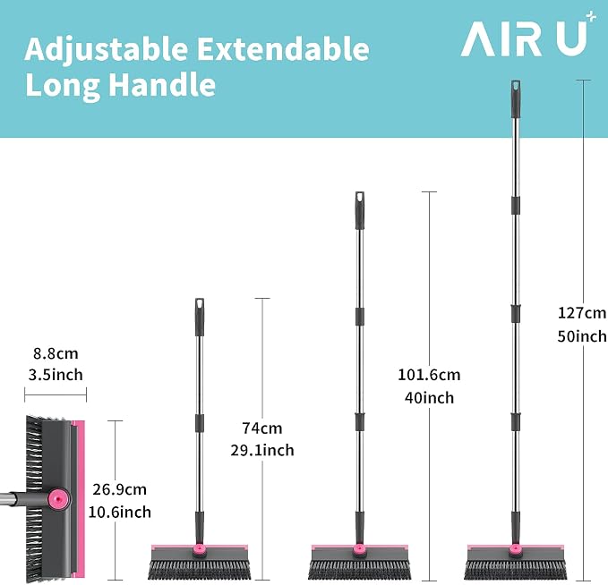 AIR U+ Floor Scrub Brush with Long Handle, 3 in 1 Scrape and Heavy-Duty Stiff Bristle Scrubber Brush for Cleaning Shower Bathroom, Patio, Pool, Garage, Kitchen, Wall and Deck, Gray and Pink