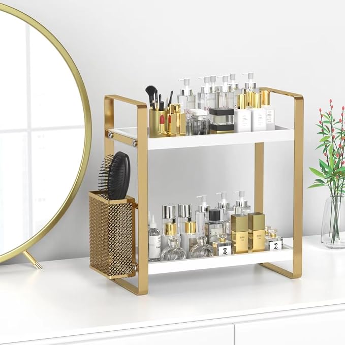 LEMIKKLE Bathroom Counter Organizer with Basket, Perfume,Makeup Organizers for Vanity,Storage Organizers for Bathroom, Kitchen, Dresser（White）