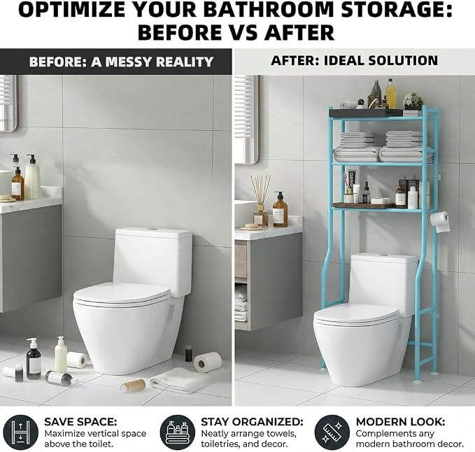 GloTika 3-Tier Over Toilet Storage with Anti-Tilt Safety System - 150lb Total Capacity Metal Bathroom Shelves Including Paper Holder & 4 Hooks, Space Saving Above Commode Organizer (64" H, Blue)