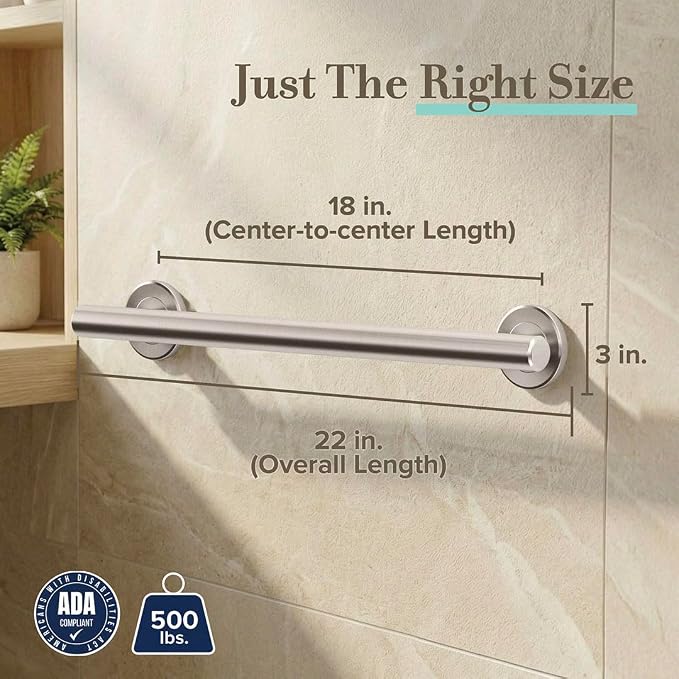 Gatco 853 Latitude II 18 Inch Grab Bar, ADA Compliant, Stainless Steel Bathroom Handicap Safety Bar, for Shower and Bathtub