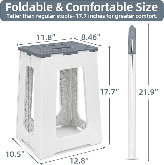 neotidy Foldable Stool Chair, 17.7” Tall Folding Seat for Adults up to 400 lb, Heavy-Duty Plastic Foldable Stool for Sitting, Portable Compact Folding Chair for Home Outdoor Camping, Gray