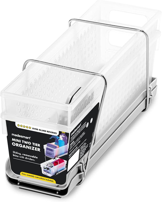madesmart Mini 2-Tier Organizer, Multi-Purpose Slide-Out Storage with Handles and Dividers for Home and Bath, Frost