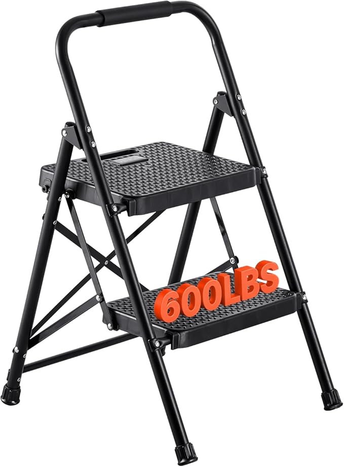 VEVOR 2 Step Ladder, Folding Step Stool with Wide Anti-Slip Pedal and Comfort Handgrip, Lightweight 600 lbs Capacity Portable Steel Ladder, Multi-Use for Kitchen, Home, Household and Office, Black