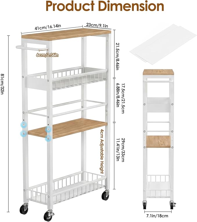 Slim Storage Rolling Cart, 4 Tier Narrow Cart with Wheels, Metal Kitchen Rolling Cart for Small Spaces, Slide Out Storage Shelves for Kitchen, Laundry Room, Bathroom, Living Room, 7.1in(W)