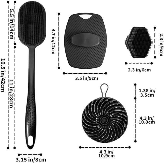 Silicone Back Scrubber 16.5" & Silicone Body Scrubber(Dual-Side) & Hair Scalp Massager & Face Brush Set (4PCS), Deep Cleaning & Shampoo at Home with 2 Free Hooks (Long Handle Back Brush Set)
