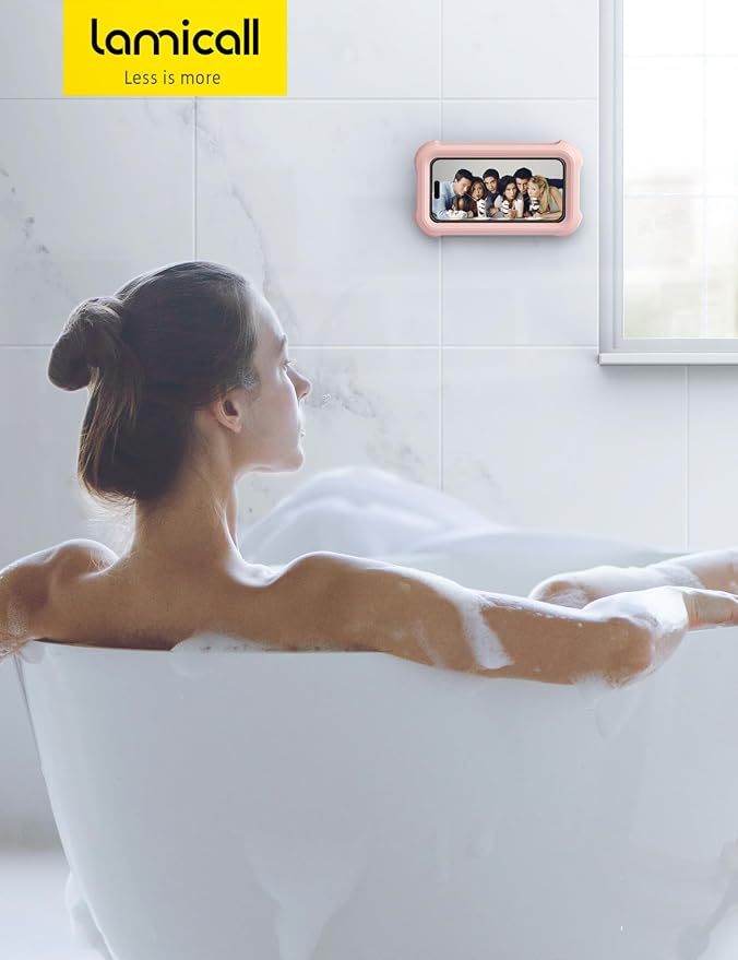 Lamicall Waterproof Shower Phone Holder - Shower Bathroom Bath Cellphone Accessories for Women Girls, Christmas iPhone Accessories Case Wall Mount Stand, Gift Gadget for 4-7" Phones, Pink