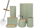 CERBIOR Bathroom Accessories Set 6 Piece Bamboo Bath Ensemble Includes Soap Dispenser, Toothbrush Holder, Toothbrush Cup, Soap Dish for Decorative Countertop and Housewarming Gift, Sriral Green