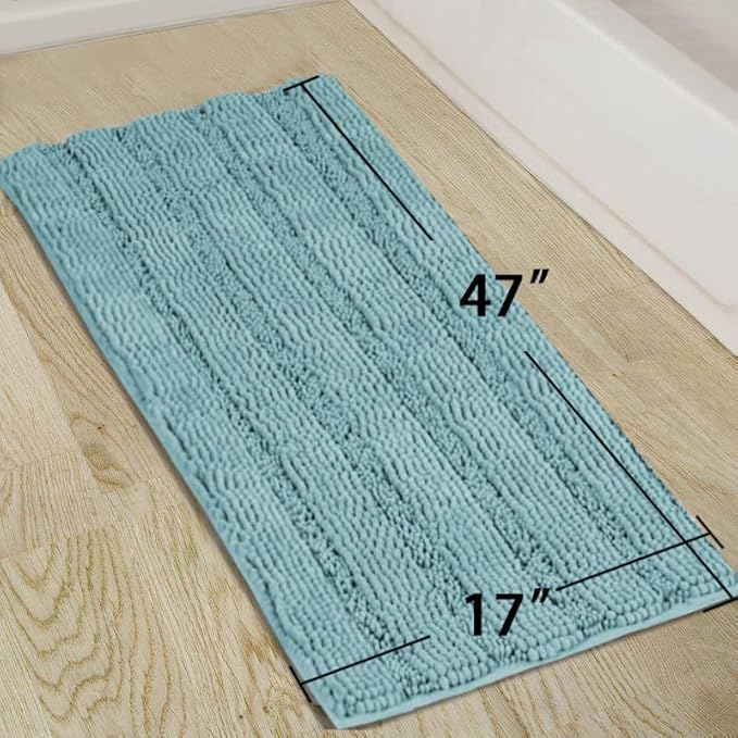 Turquoize Bath Rug - Large Size Plush Shaggy Chenille Bathroom Rug 47 x 17 Non-Slip Extra Soft & Absorbent Thick Shaggy Floor Mats, Washable, Aqua Haze