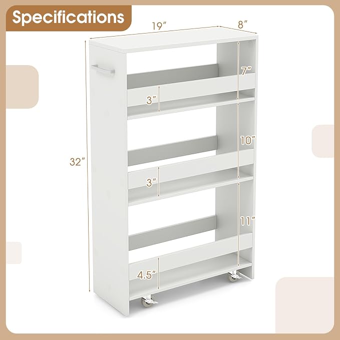 Giantex 4 Tier Rolling Slim Storage Cart, 8" Narrow Slide Out Kitchen Cart w/Handle & Open Shelves, Space-Saving Compact Mobile Utility Trolley for Small Space Laundry Room (White)