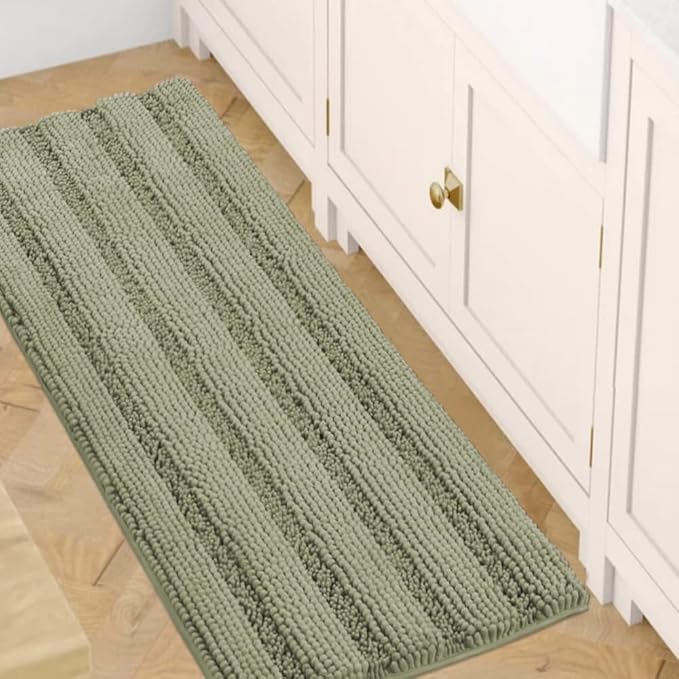 H.VERSAILTEX Bath Rugs for Bathroom Non Slip Bath Mats Thick Chenille Striped Bath Rug Runners 47" x 17" Absorbent Fluffy Soft Shaggy Mats Dry Fast Plush Area Carpet for Bath Room - Eucalyptus Green
