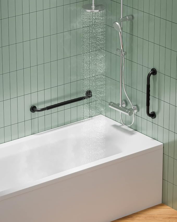 24 Inch Black Shower Grab Bar w/Anti Slip Rubber Grip, Munzong 2 Pack Stainless Steel Bathroom Grab Bar, Bathroom Balance Bar,Safety Handrail Support,Handicap Injury Elderly Senior Assist Bath Handle