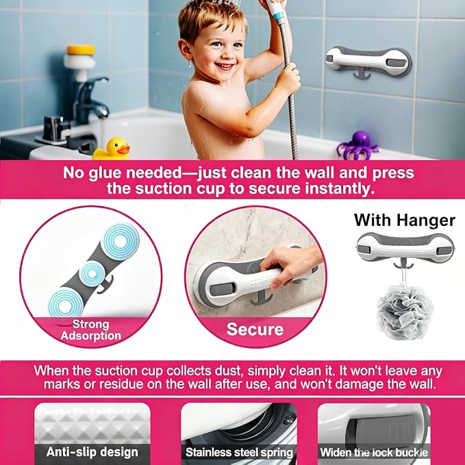 Grab Bars for Shower,Shower Handle with 3 Heavy Duty Suction Cups, Removable Bathtub Handrails for Elderly, No Drilling Waterproof Bathroom Safety Grip (Pewter)