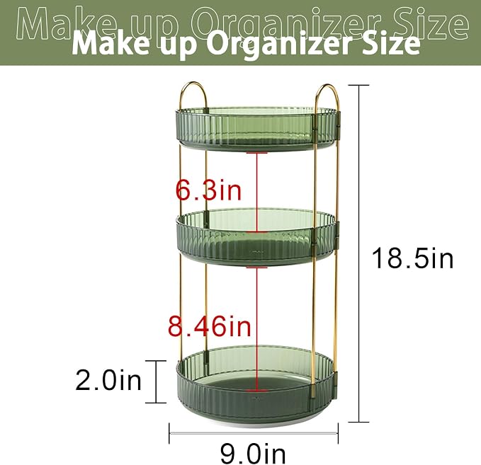 shuang qing Rotating Makeup Organizer for Vanity, High-Capacity Skincare Clear Make Up Storage Perfume Organizers Cosmetic Dresser Organizer Countertop 360 Spinning (Green, 3 Tier)