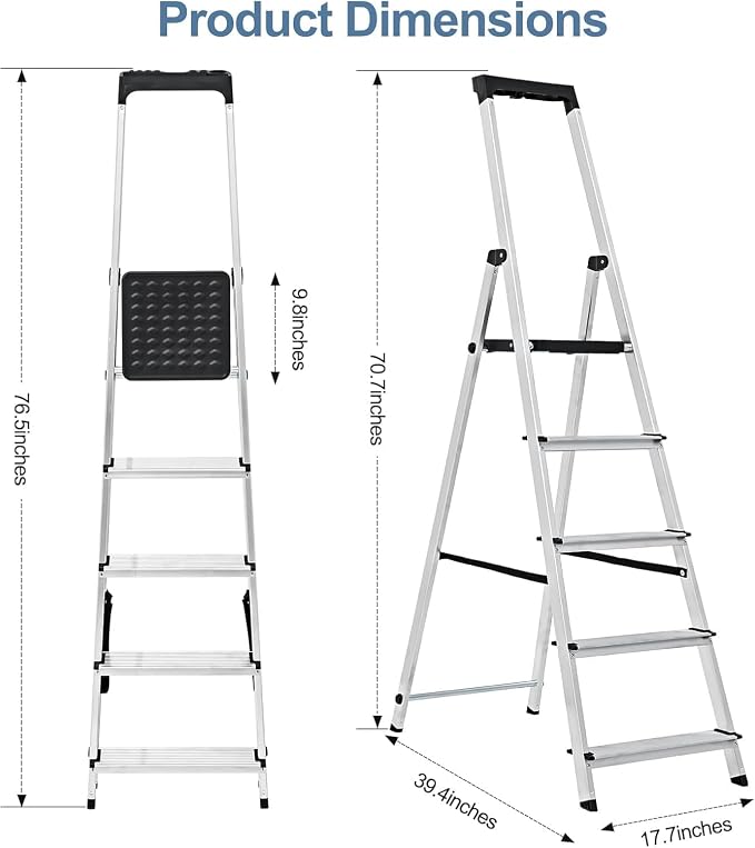 Simple Deluxe 5 Step Ladder,330lbs Folding Step Stool with Anti-Slip Wide Pedal Handrails, Foldable Step Stool for Home Kitchen and Outdoor, Silver
