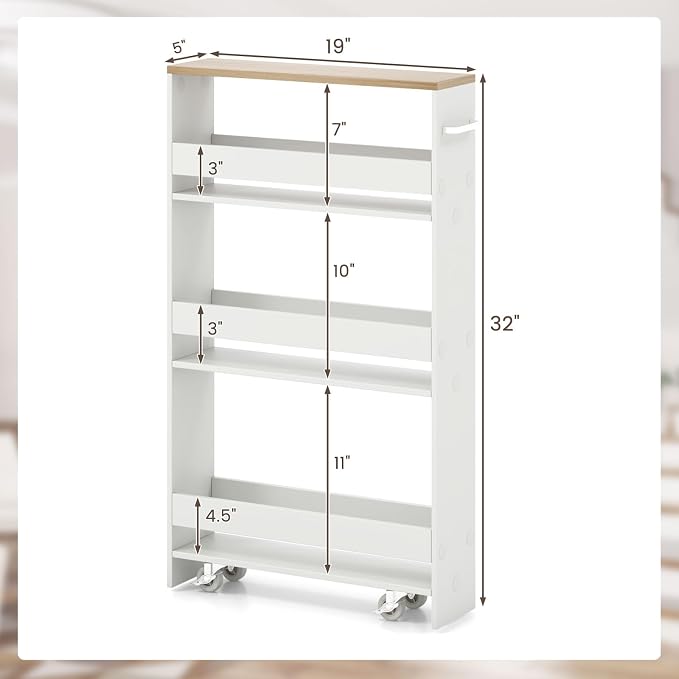 Giantex 4 Tier Rolling Slim Storage Cart, 5" Narrow Slide Out Kitchen Cart w/Handle & Open Shelves, Space-Saving Compact Mobile Utility Trolley for Small Space Laundry Room (White & Natural)