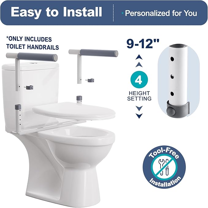 Toilet Safety Rails for Seniors, Height Adjustable Toilet Safety Frame Grab Bars, 500lb Toilet Support Rails Easy Installation & No Wobble, Toilet Assistance Handles for Elderly and Disabled