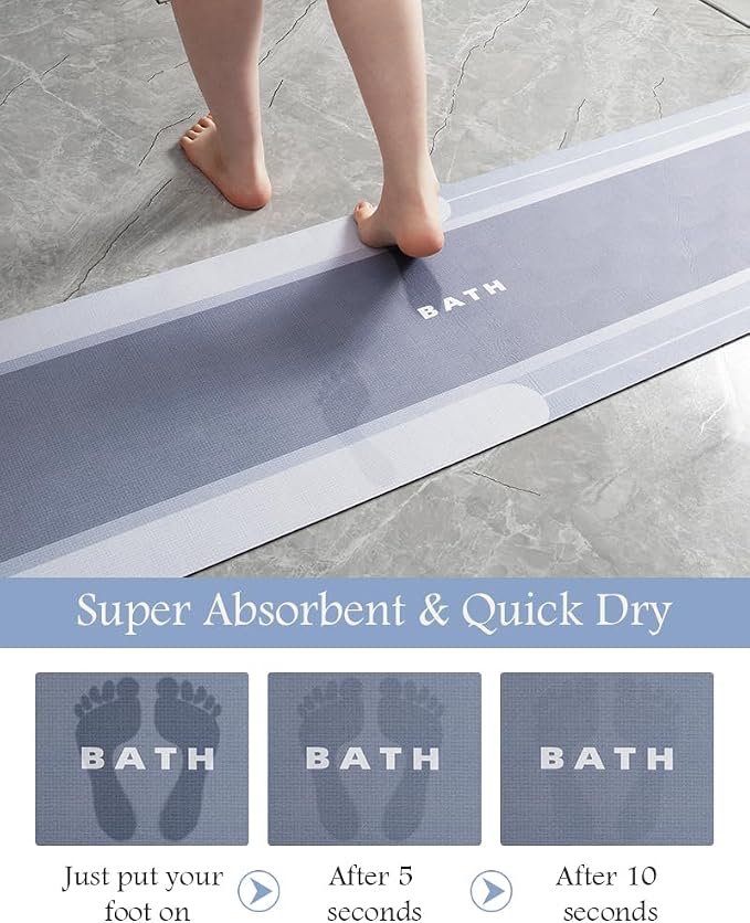 MontVoo-Bath Mat Rug Runner Long Bathroom Mat Non Slip Super Absorbent Stain Resistant Quick Dry Thin Bathroom Rug Fit Under Door-Bath Mats for Bathroom Floor Bathtub Vanity-Bathmat 17"x50" Blue