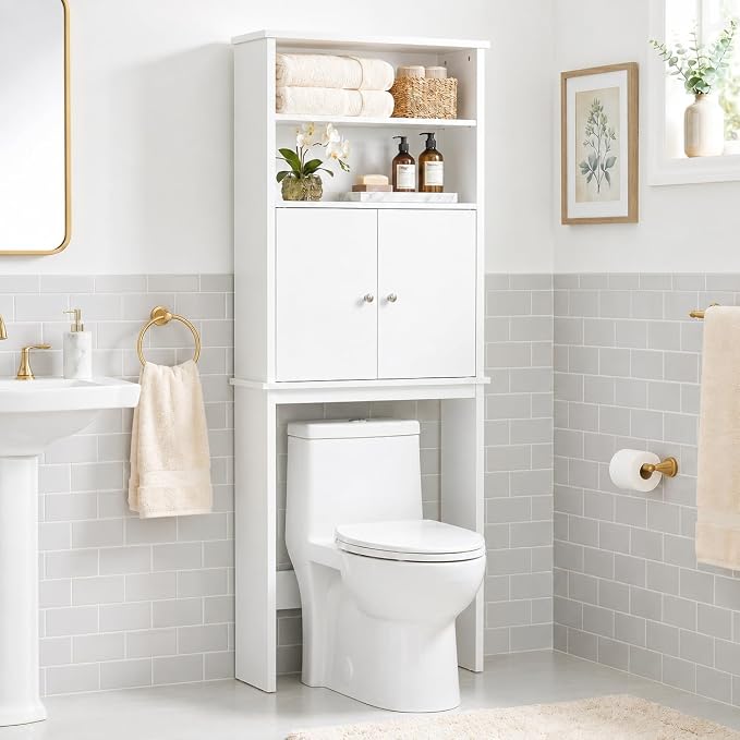 Nuturelly Over The Toilet Storage Cabinet, Bathroom Storage Organizer with Adjustable Shelves and Double Wooden Doors, Freestanding Above Toilet Storage with Open Shelf, Wooden Toilet Rack, White