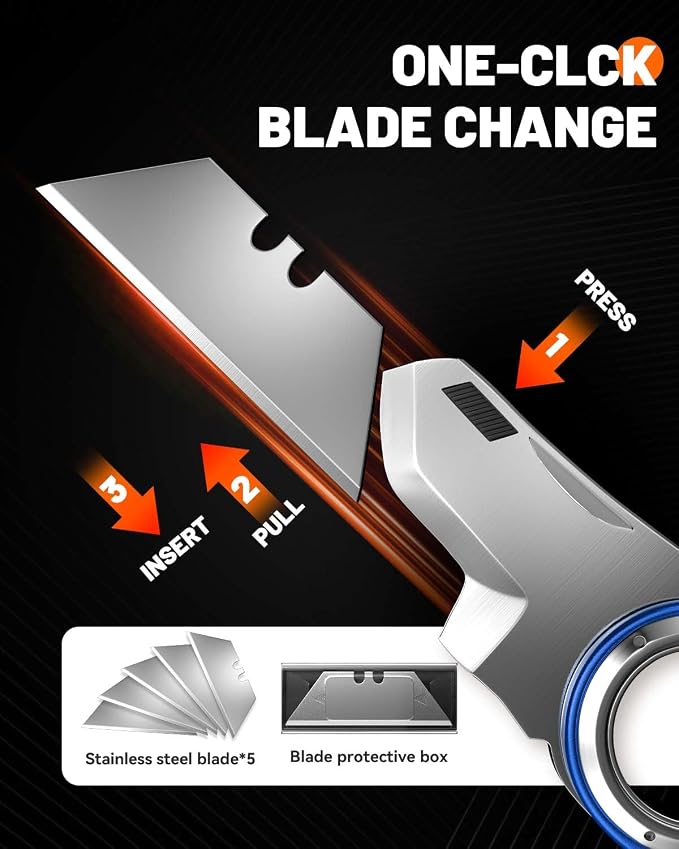 Folding Utility Knife Pocket Knife, Heavy-Duty Box Cutter with Anti Slip Finger Loop, Quick Change Blade Razor Knife, Box Cutters for Home, Office, Warehouse, Durable Razor Knife, Box Knife (Blue)