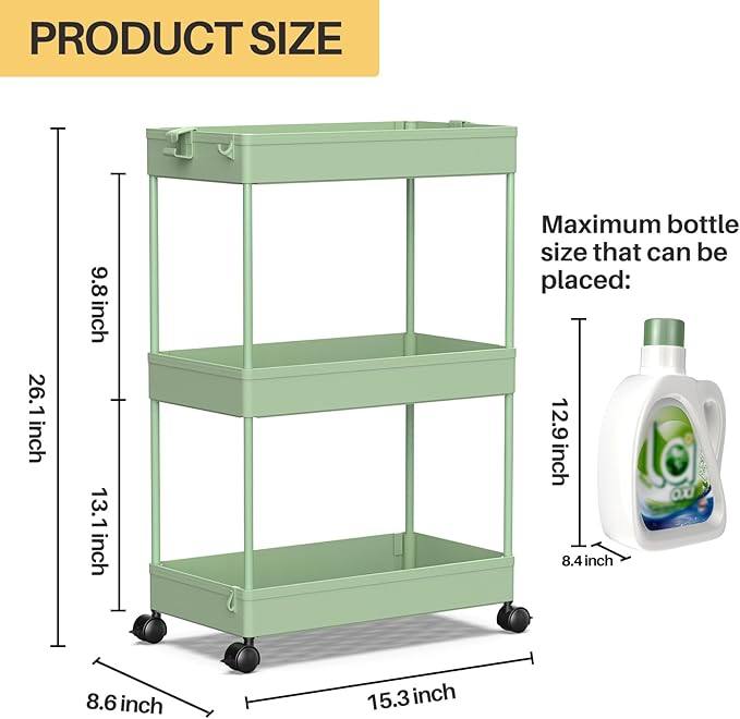 SPACEKEEPER Green 3-Tier Rolling Storage Cart, Bathroom & Kitchen Organizer, Modern Plastic Frame, Adjustable Shelves
