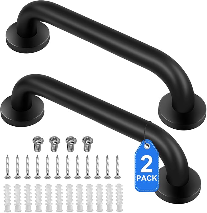 2 Pack Shower Grab Bar, Stainless Steel Bathroom Grab Bar, Shower Handle, Bath Handle, Grab Bars for Handicap Elderly Seniors Bathroom Safety Grab Bar (12 Inch，Black)