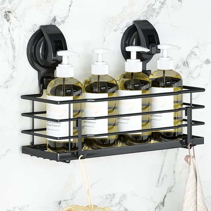 TESOT Suction Cup Shower Caddy, Shower Shelf Soap Dish with Hooks for Razor, Sponge, Rust Proof 304 Stainless Steel, Black