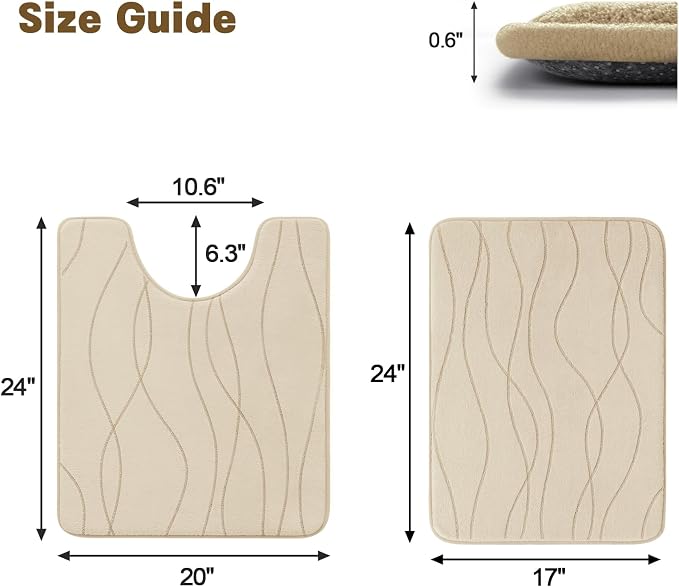 YIHOUSE Memory Foam Bathroom Rug Sets, Khaki, 2 Piece-U Shape & Small Mat | Ultra Soft, Absorbent, Non-Slip, Machine Washable