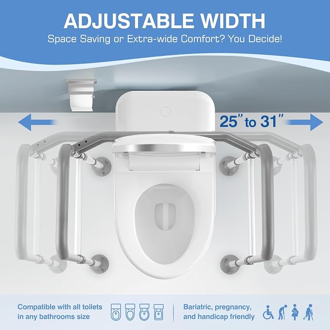 Toilet Safety Rails for Seniors, Adjustable Height & Width Medical Stand Assist, Heavy Duty Handicap Toilet Frame with Suction Cups & Handles, Universal Fit Bathroom Assistive Device