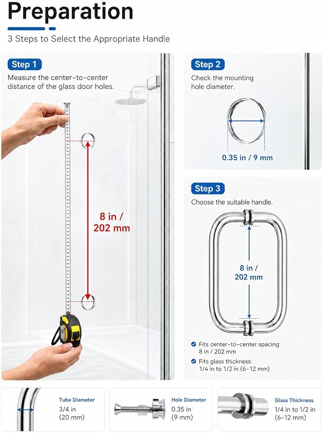Shower Door Handle, 8 Inch Hole Centers (CTC), 304 Stainless Steel Back-to-Back Glass Door Pull Replacement Hardware for Frameless Sliding Bathroom Doors, Heavy Duty Tubular Grip, Chrome Silver