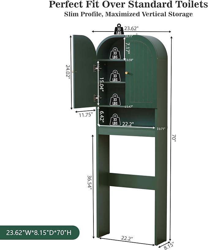 Over the Toilet Storage Cabinet, 70" Tall Bathroom Space Saver with Fluted Grooved Doors, Freestanding Over Toilet Organizer with Adjustable Shelves & Soft-Close Hinges for Small Bathrooms (Green)