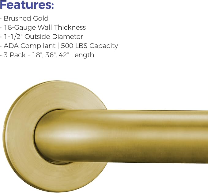 Stardrix Grab Bar Bundle for ADA Compliance, Brushed Gold Stainless Steel Grab Bar Set for Commercial and Residential Restrooms, 1.5" Diameter - 18", 36", 42" - Pack of 3
