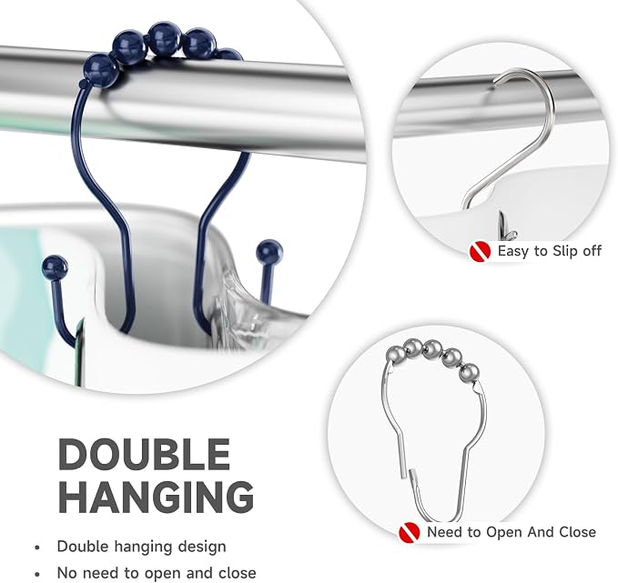 Bathway Shower Curtain Hooks, Shower Curtain Rings Rust Proof Navy Blue Double Hook Shower Curtain Hooks, 12 Pcs Shower Hooks for Shower Curtain, Shower Rings for Curtain, Metal Shower Rod Hooks