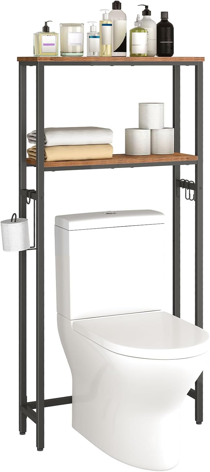HOOBRO Over The Toilet Storage, 2-Tier Bathroom Organizer Over Toilet, Freestanding Bathroom Storage Shelves with Toilet Paper Holder and Hooks, Space Saver for Room, Rustic Brown and Black BF49TS01