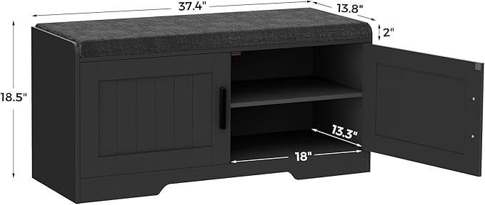 Homleke 2-Tier Storage Bench, Shoe Bench with Thickened Padded Seat Cushion, Entryway Bench with 2 Doors, Adjustable Shelf, 13.8" D x 37.4" W x 18.5" H, for Entryway, Living Room, Bedroom, Black