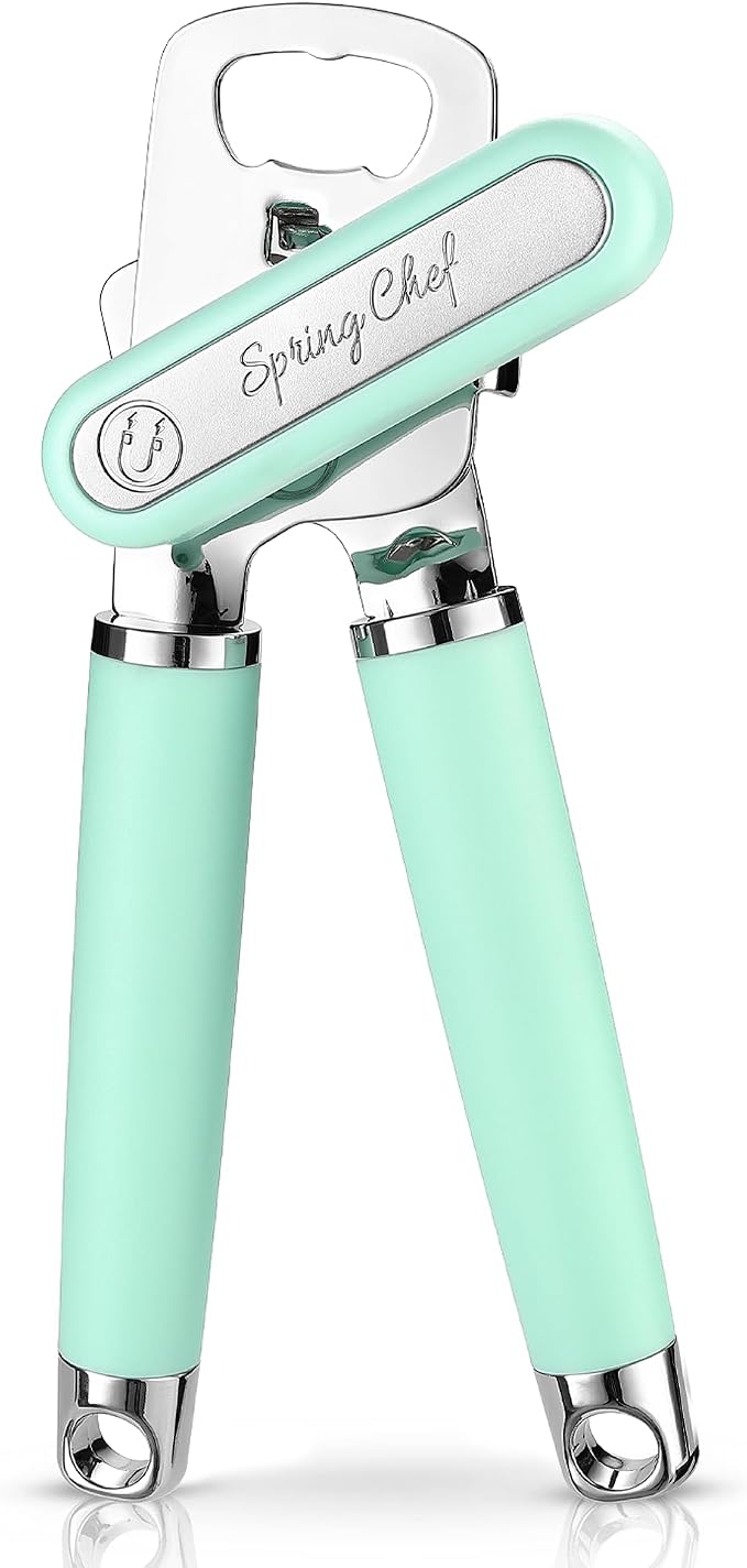 Spring Chef Stainless Steel Can Opener - Manual with Soft Grip Handles, Easy Turn, Heavy Duty Hand Can Opener for Seniors with Smooth Edge - Built-in Magnetic Lid Remover - Mint