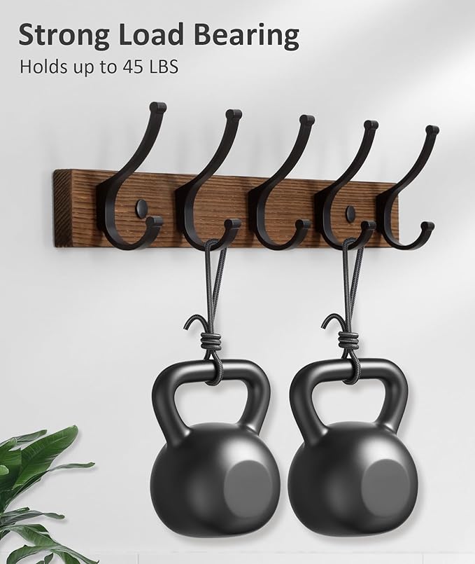 Optish Coat Rack Wall Mount, 16.5 Inches Wood Coat Hooks Wall Mount, Wall Coat Rack with 5 Hooks, Hat Rack Wall Hooks for Hanging Coat, Bag, Towel (2Pack, Brown)