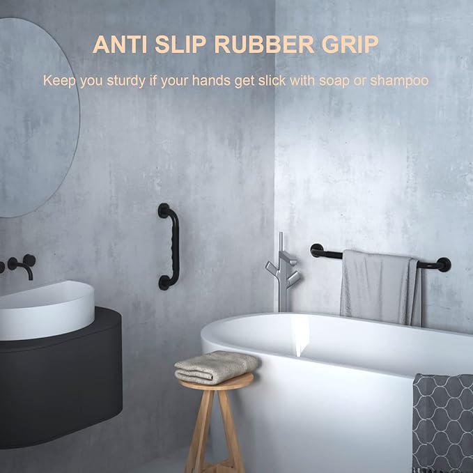 12 Inch Black Shower Grab Bar w/Anti Slip Rubber Grip, ZUEXT Stainless Steel Bath Grab Bar, Bathroom Balance Bar, Wall Mount Safety Handrail Support, Handicap Injury Elderly Senior Assist Handle