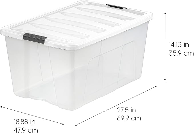 IRIS USA 94 Qt Stackable Plastic Storage Bins with Lids, 4 Pack - BPA-Free, Made in USA - See-Through Organizing Solution, Latches, Durable Nestable Containers, Secure Pull Handle - Clear/White