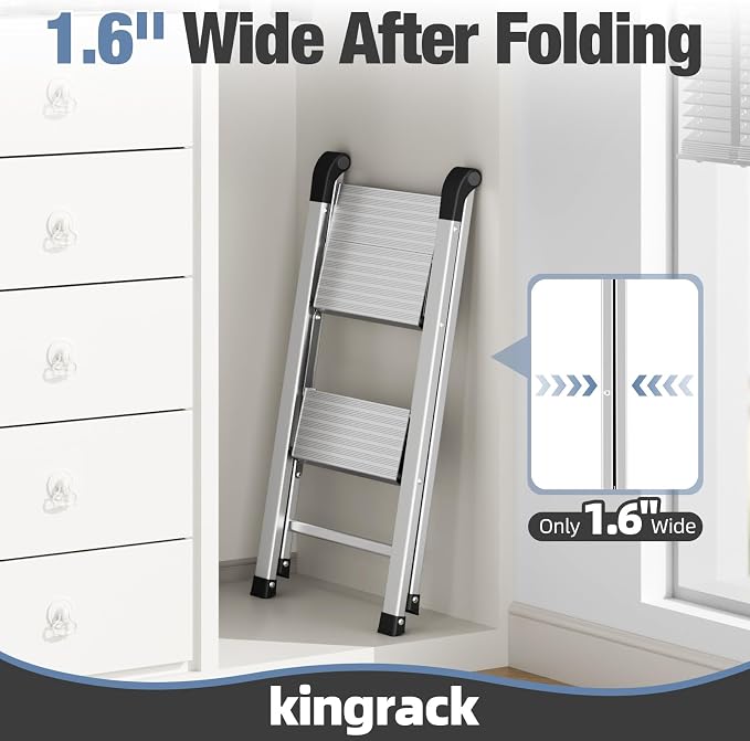 KINGRACK Aluminum Step Ladder, 2 Step Ladder Folding Design, Step Stool Foldable with Safe Grip, Non-Slip Handrails, Safety Lock, Heavy Duty 330LBS for Home, Kitchen, Garage, RV, Sliver
