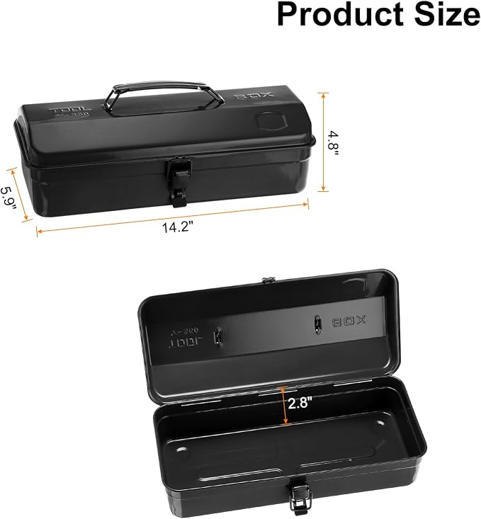 HARFINGTON Tool Box 14.2" Portable Steel Tool Box Hip Roof Style with Metal Latch Closure Tool Chest for Household Workshop Car, Black