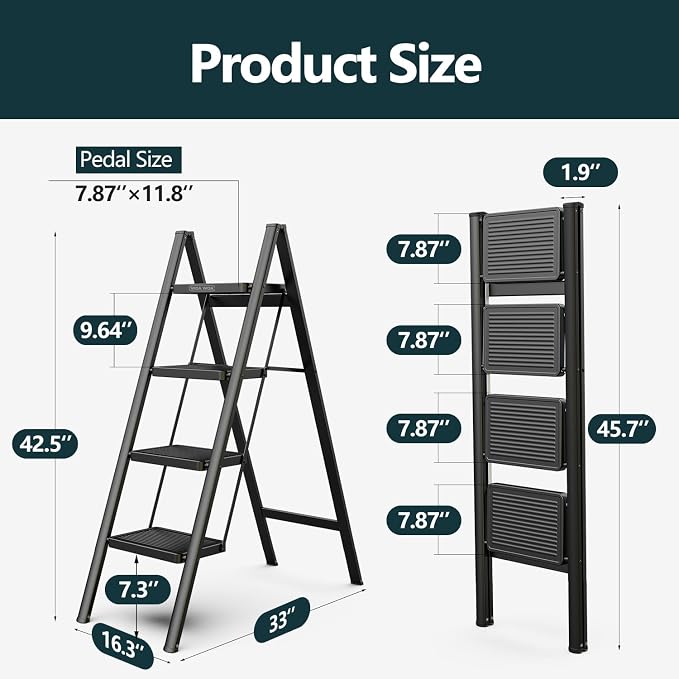 WOA WOA Step Ladder for Home, Foldable Step Stool for Kitchen with Non-Slip Pedals, Sturdy Ladders Supports up to 330 lbs, Compact and Portable - 4 Step/Black