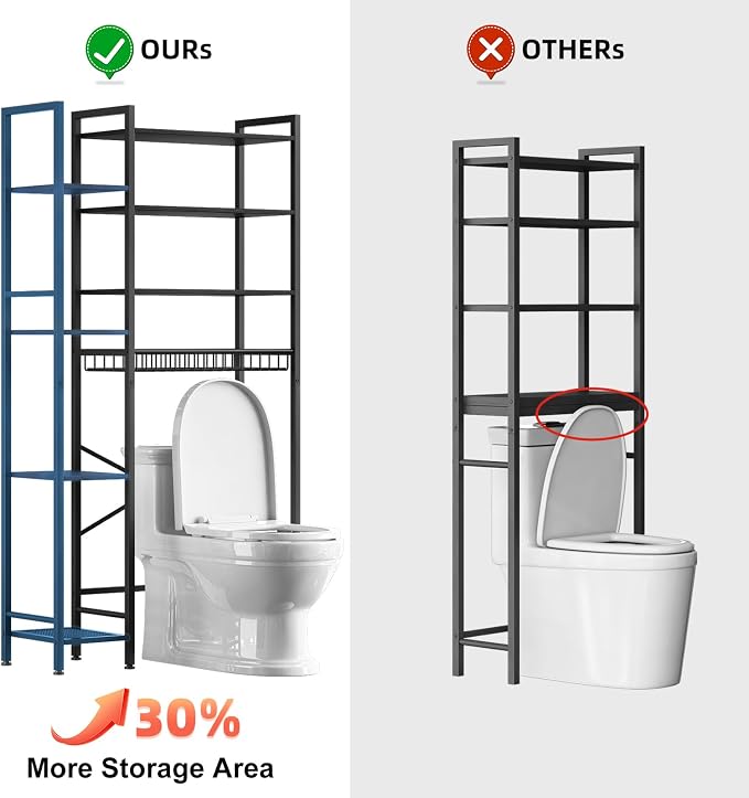 Kalrin 8-Tier Over The Toilet Storage with Side Rack, Over Toilet Storage Rack with Adjustable Shelf & Drain Basket, Freestanding Bathroom Organizer for Balcony, Laundry (Pure Black)