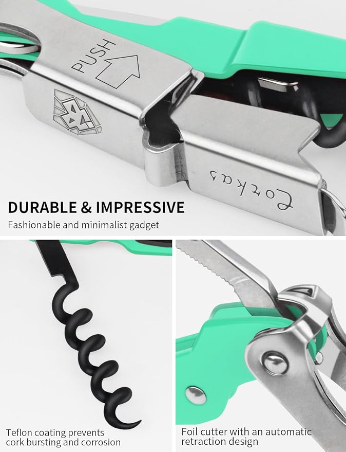 CORKAS Wine Key - Professional Handcrafted Heavy Duty Waiter Corkscrew, Compact Wine Opener with Double Hinged, Foil Cutter and Bottle Opener, Gifts for Servers, Sommelier, Bartenders - Light Green