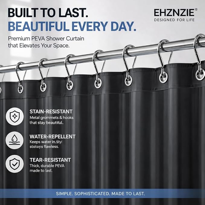 EHZNZIE Dark Grey Shower Curtain Liner 72x72, PEVA Waterproof Bath Curtain, No Chemical Smell, 3 Weighted Magnets, Durable with Rustproof Metal Grommets