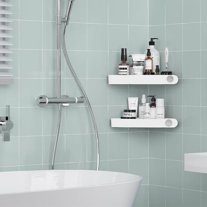 Sotfamily Plastic Shower Caddy Corner (for 90° Only), 2 Pack Adhesive Corner Shower Shelves for Bathroom Organizers and Storage, White