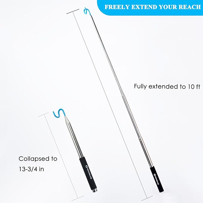 Telescoping Pickup Grabber Tool Magnetic Pole with 2 Hook and a Magnet, 10 ft Telescopic Hook Pole Wire Reacher Tool Push Pull Rod, Disc Golf Retriever Pole, Disc Golf Accessories