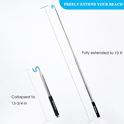 Telescoping Pickup Tool Magnetic Pole with Hook, 10 ft Telescopic Grabber Hook Pole Wire Reacher Tool, Push Pull Rod