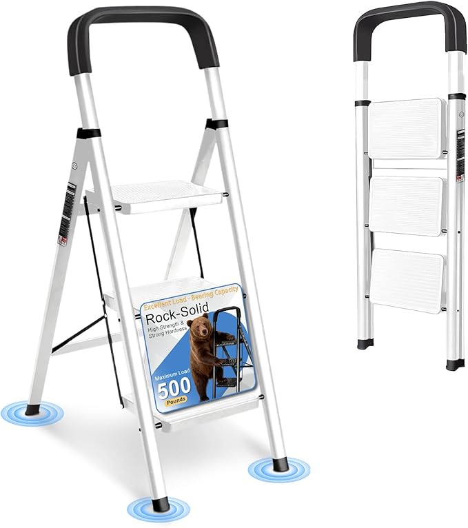 3 Step Ladder Folding Step Stool with Handrail 500LBS Capacity Sturdy Carbon Steel Frame Anti-Slip Pedal & Feet Portable for Home Kitchen Garage Bathroom (white-3step)