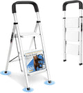 3 Step Ladder Folding Step Stool with Handrail 500LBS Capacity Sturdy Carbon Steel Frame Anti-Slip Pedal & Feet Portable for Home Kitchen Garage Bathroom (white-3step)